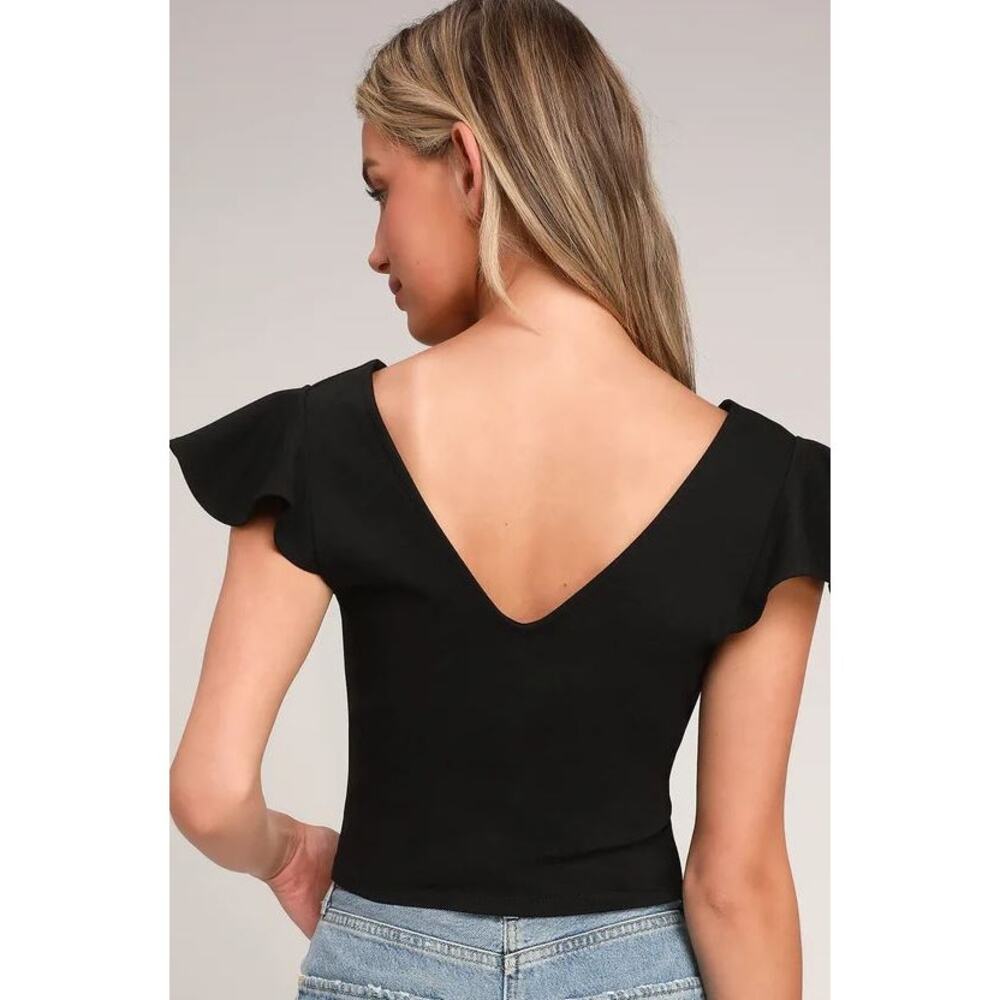 Lulus Linzee Ruffle Stetch Fitted Crop Top Black Womens Size Small - Picture 3 of 13